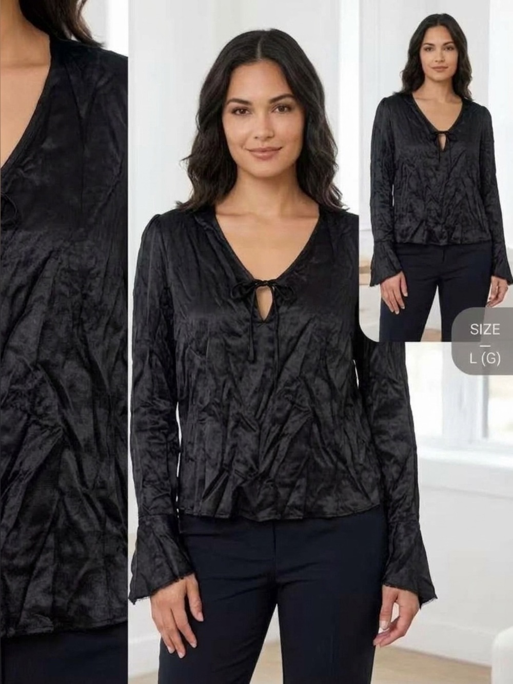 Razzle Dazzle RD blouse Ruched Long Sleeve Black Size Large NWT